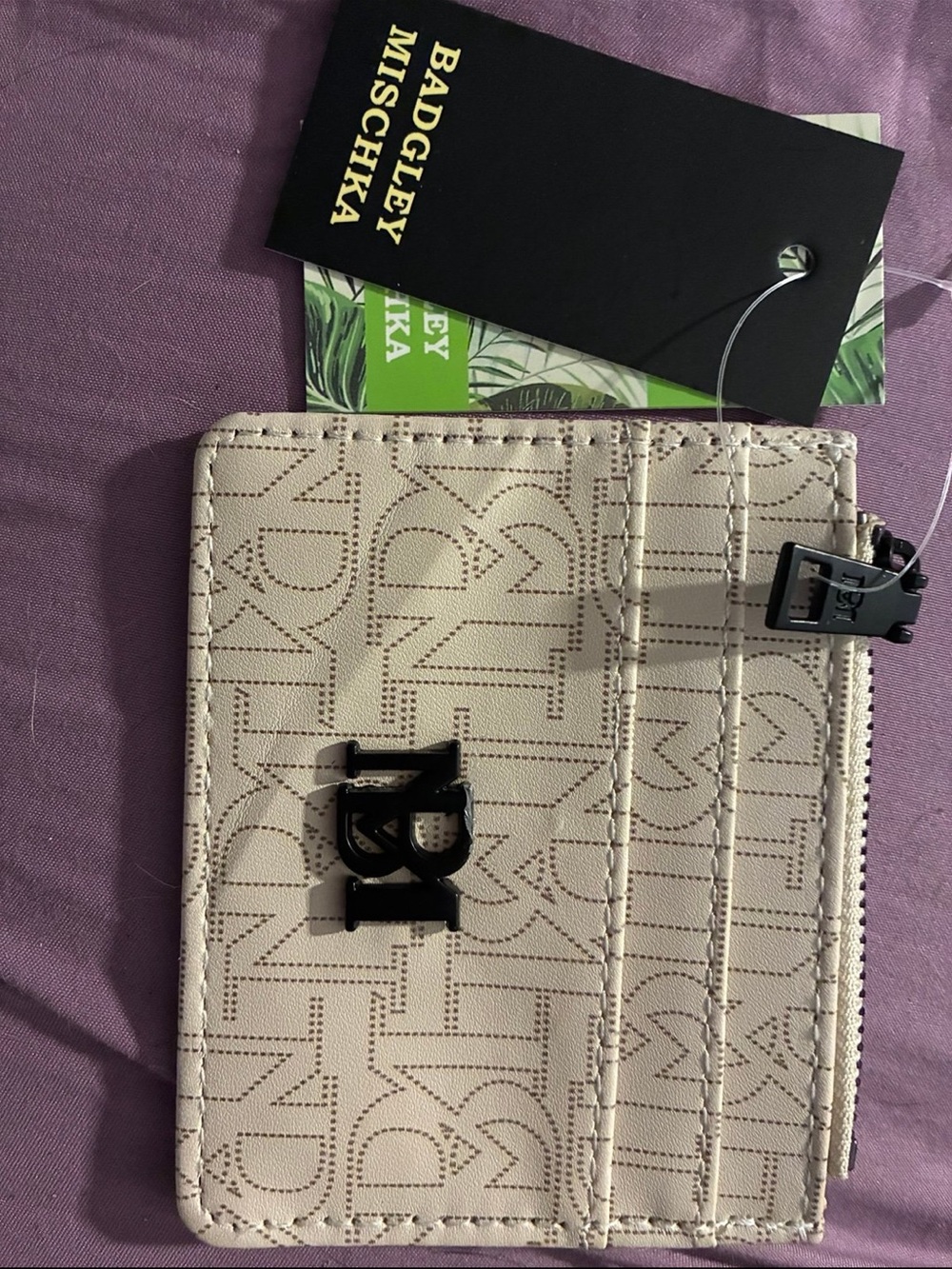 Badgley Mischka Beige Monogram Card Holder with Black Logo
